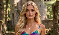TravelModel.de – Beatrice beim Fotoshooting vor einer Burgruine.