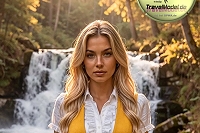 TravelModel.de – Beatrice beim Fotoshooting vor einem Wasserfall im Wald.